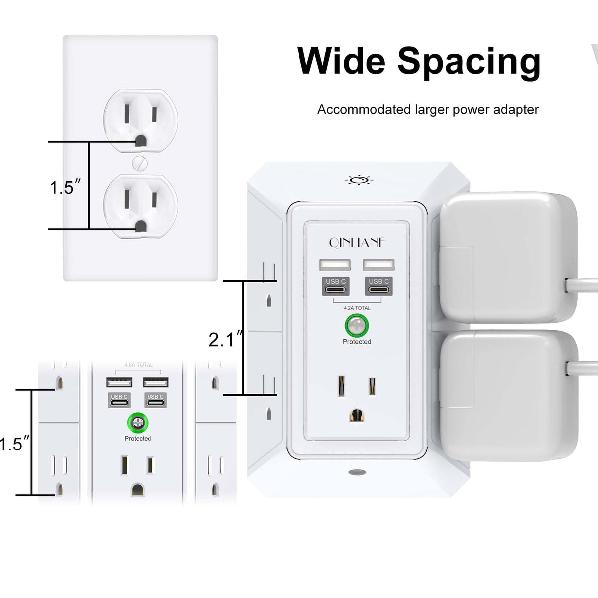 Side view of QINLIANF outlet with surge protection