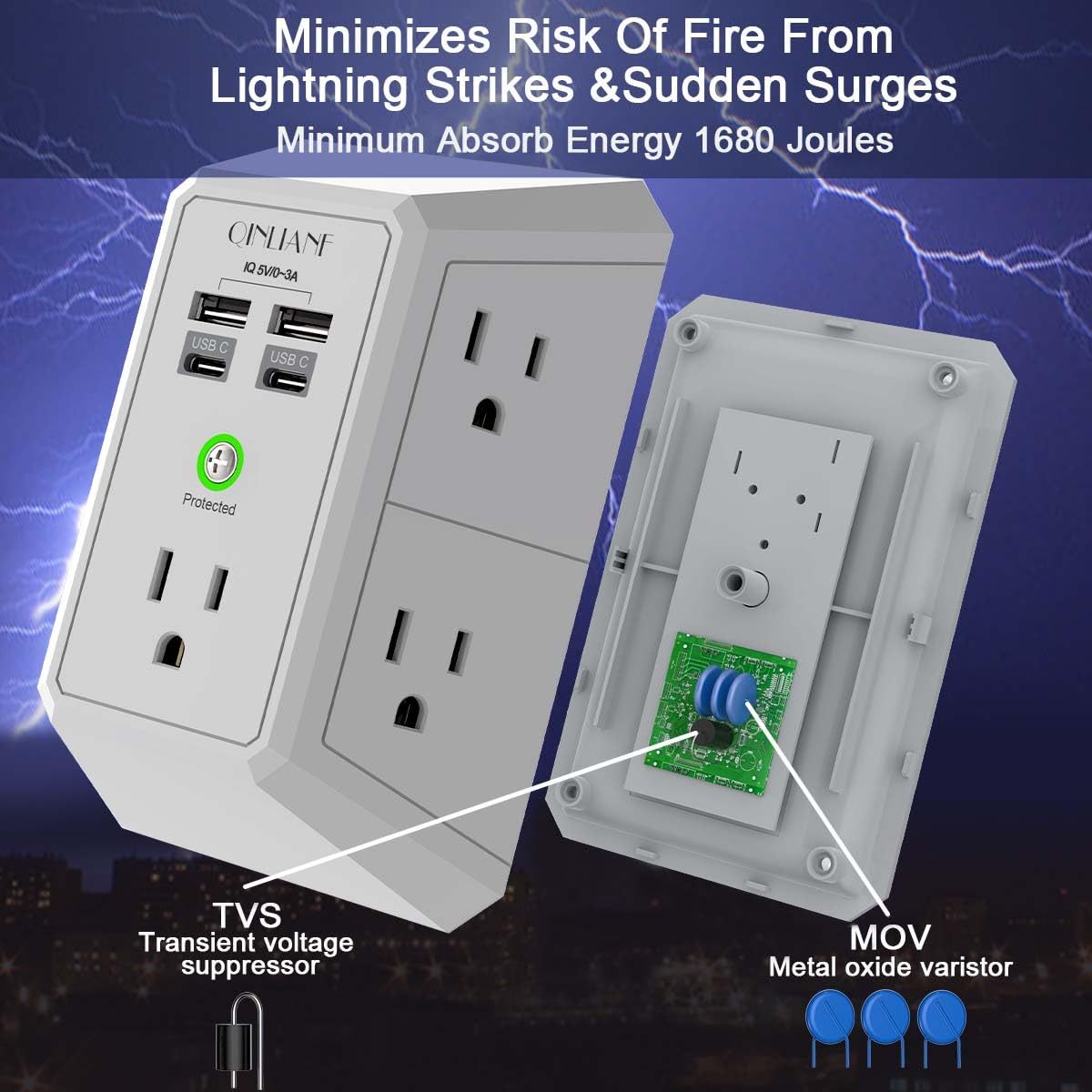 QINLIANF USB wall charger showing surge protection rating