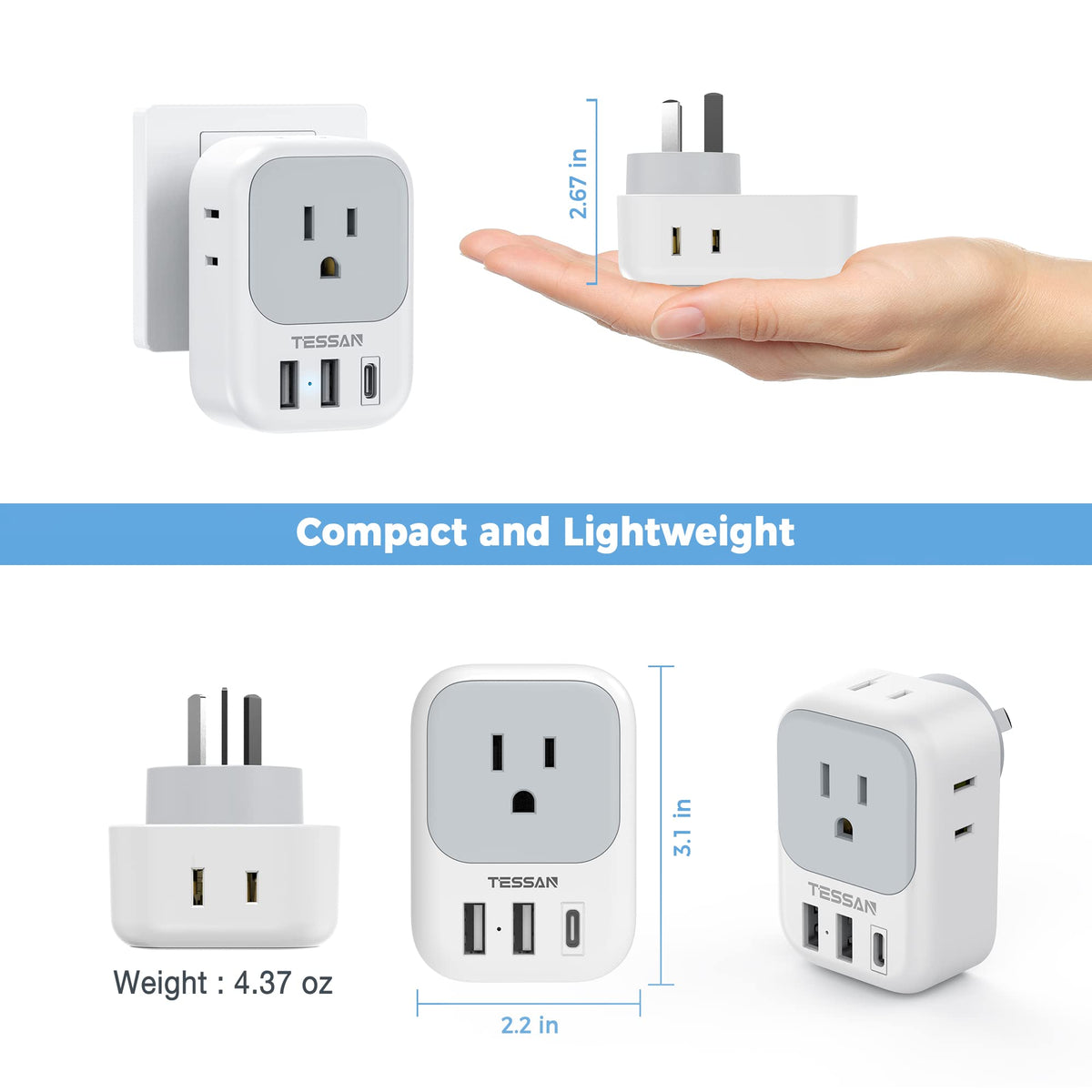 Travel-ready TESSAN Australia plug adapter in luggage