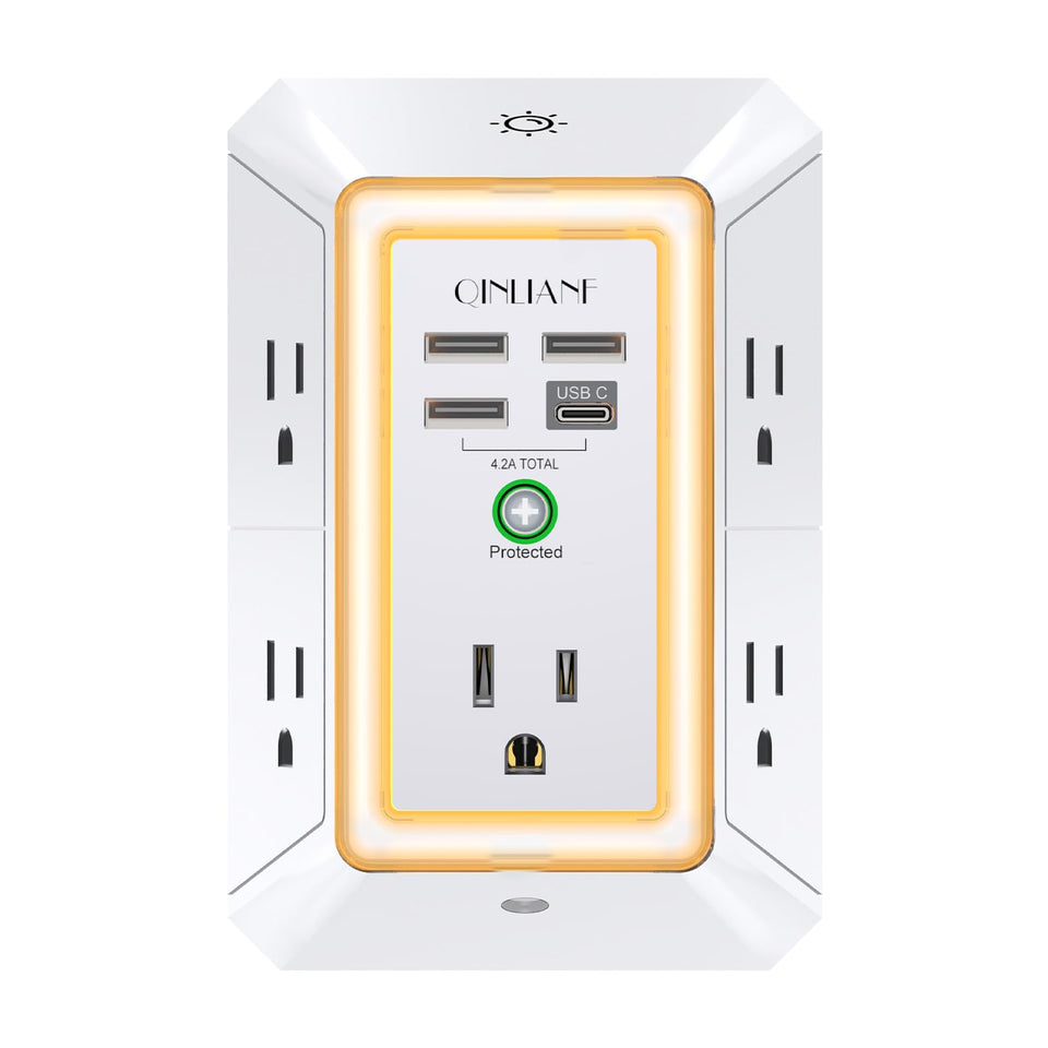 QINLIANF 3-sided outlet extender with night light and USB ports