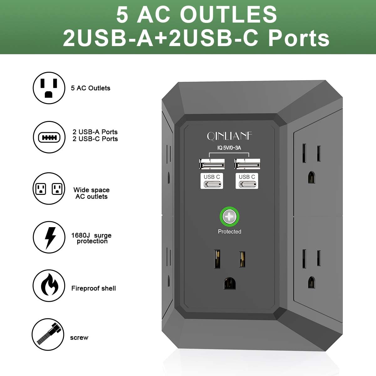 Surge protector power strip with 5 AC outlets