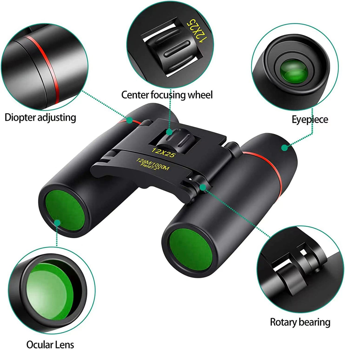 Close-up of POLDR binoculars with carrying bag and strap