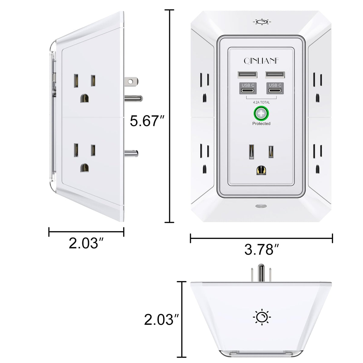 QINLIANF outlet extender showing adjustable brightness