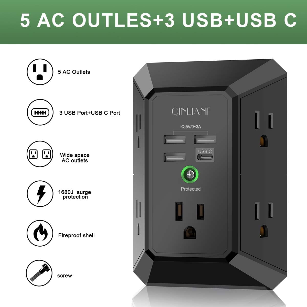 Close-up of QINLIANF USB ports on wall charger