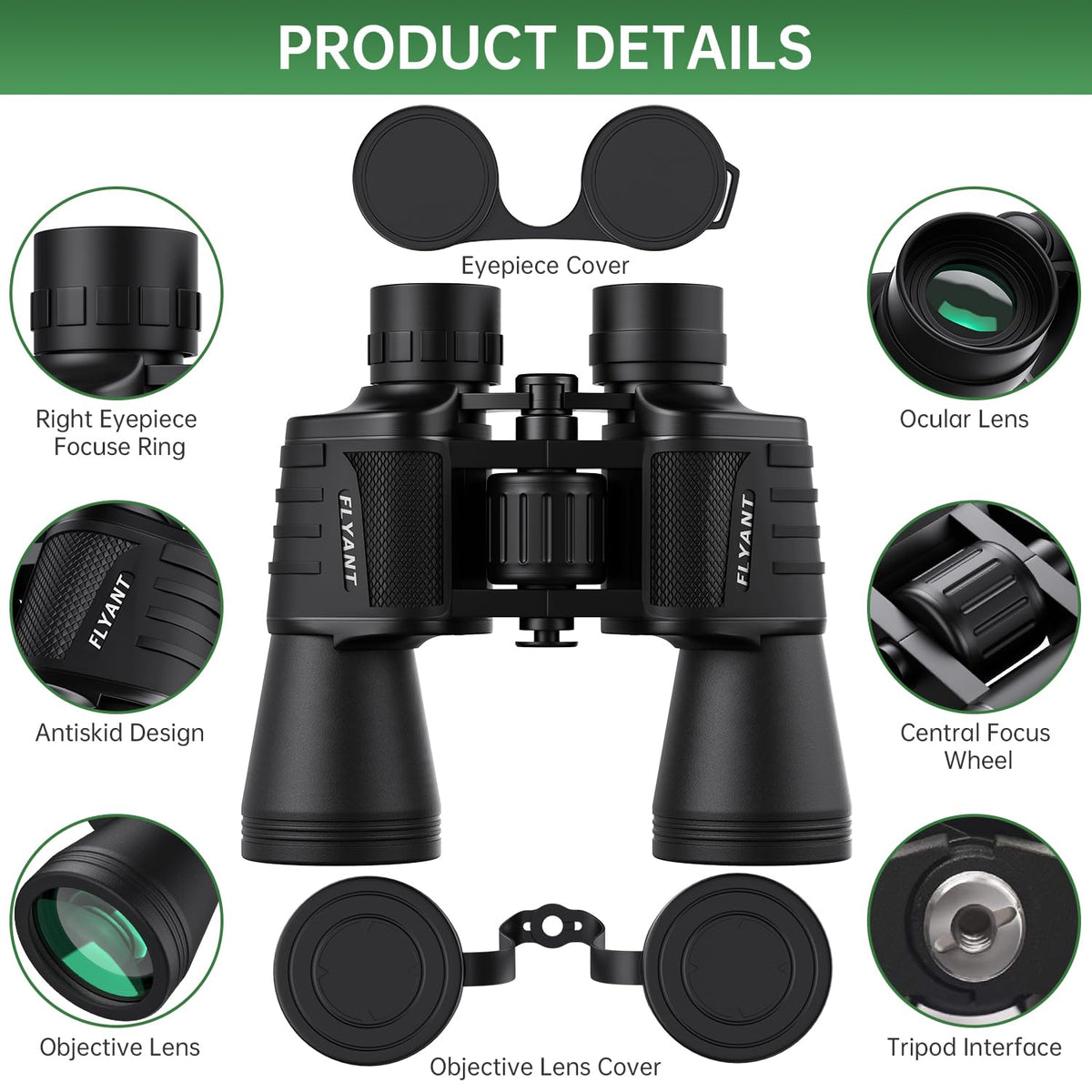 Close-up of FLYANT binoculars showcasing lens clarity