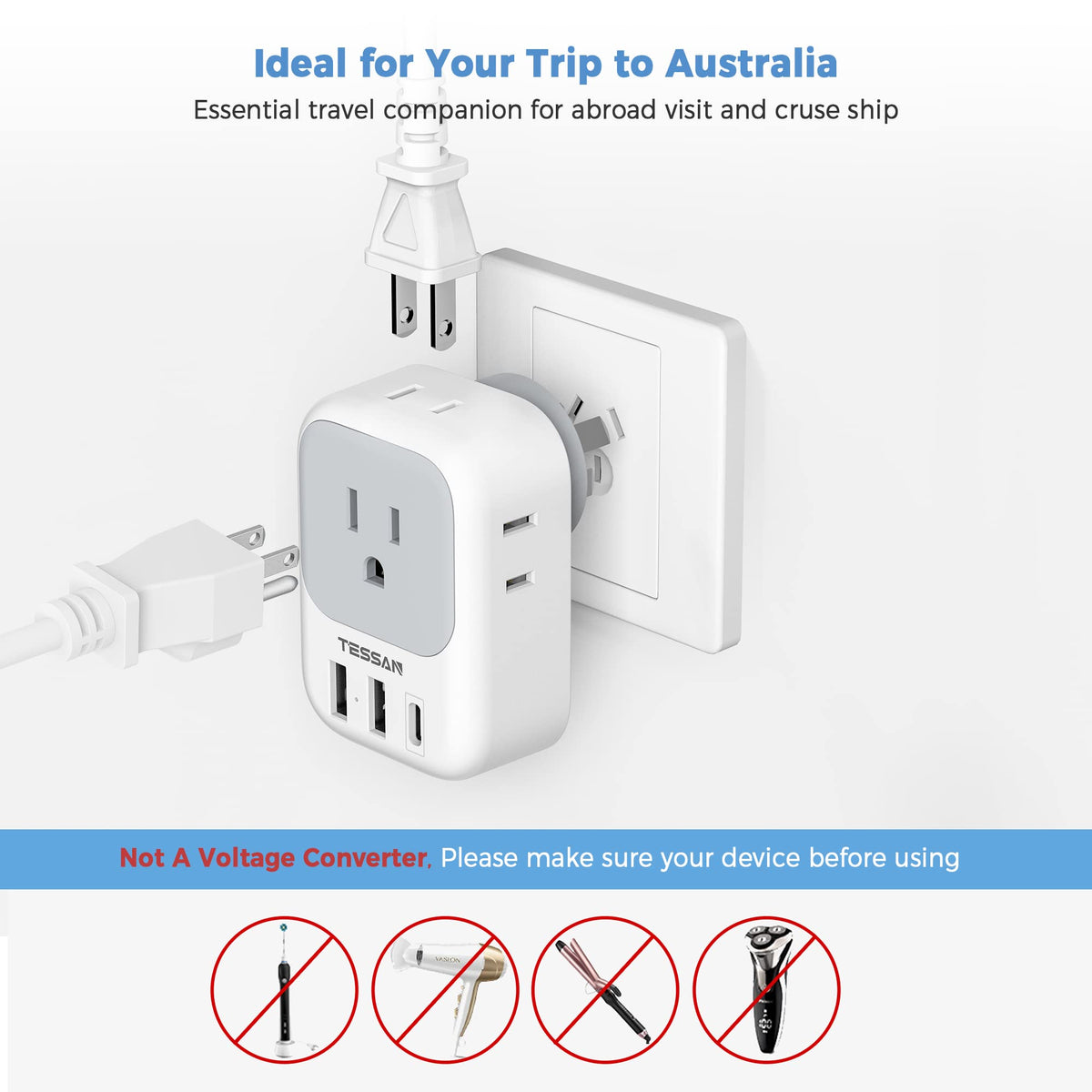 TESSAN plug adapter showing compact design for travel