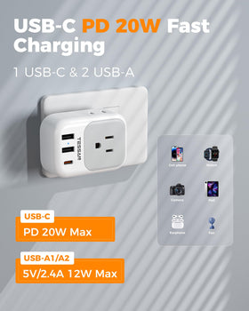 Close-up of TESSAN Italy Travel Plug Adapter USB C port