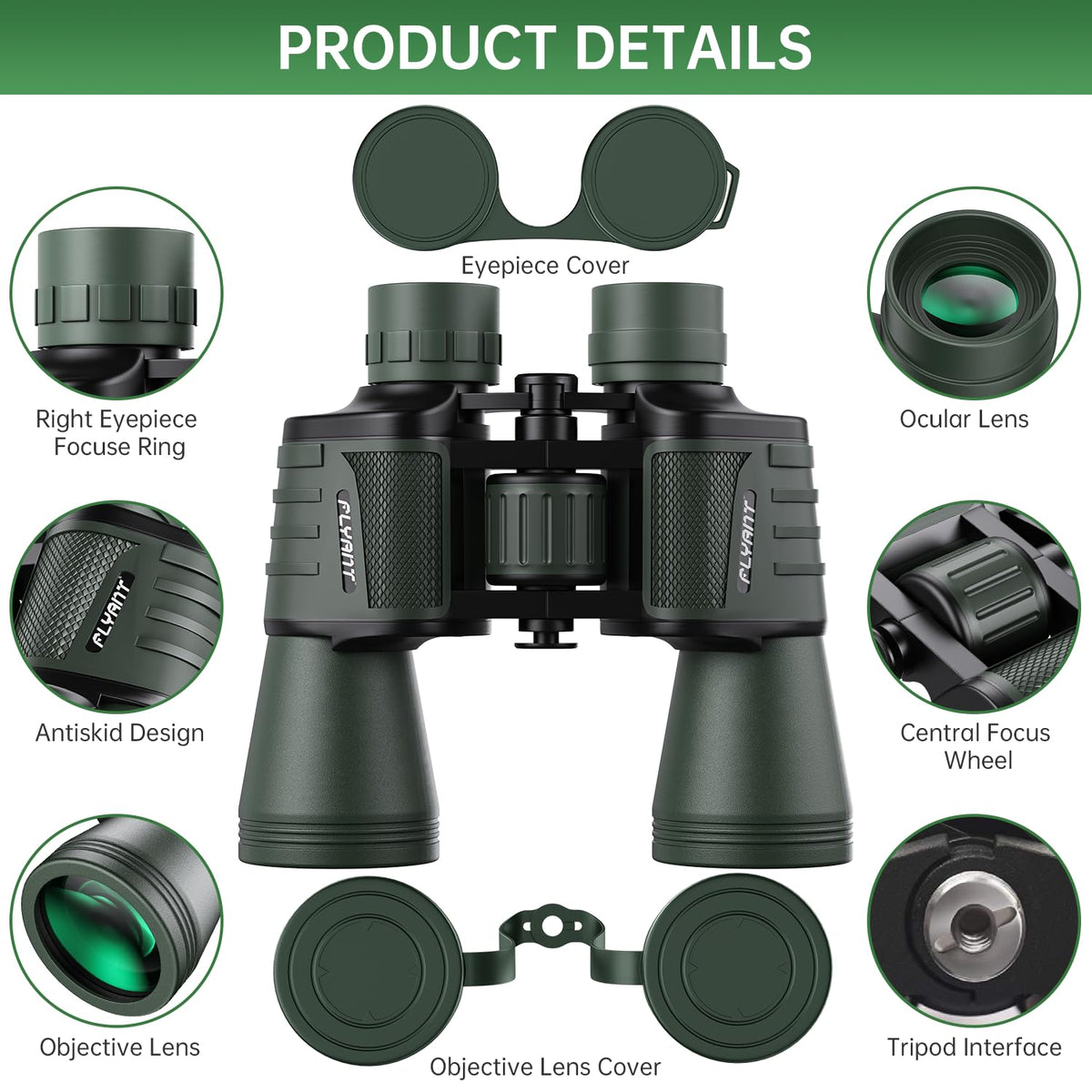 Close-up of FLYANT binoculars with ergonomic eyepiece