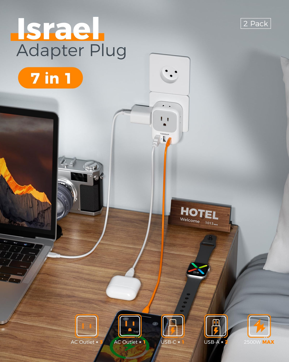 TESSAN travel adapter showcasing USB C and A ports