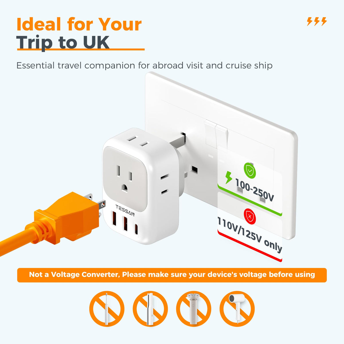 TESSAN UK power adapter with safety features