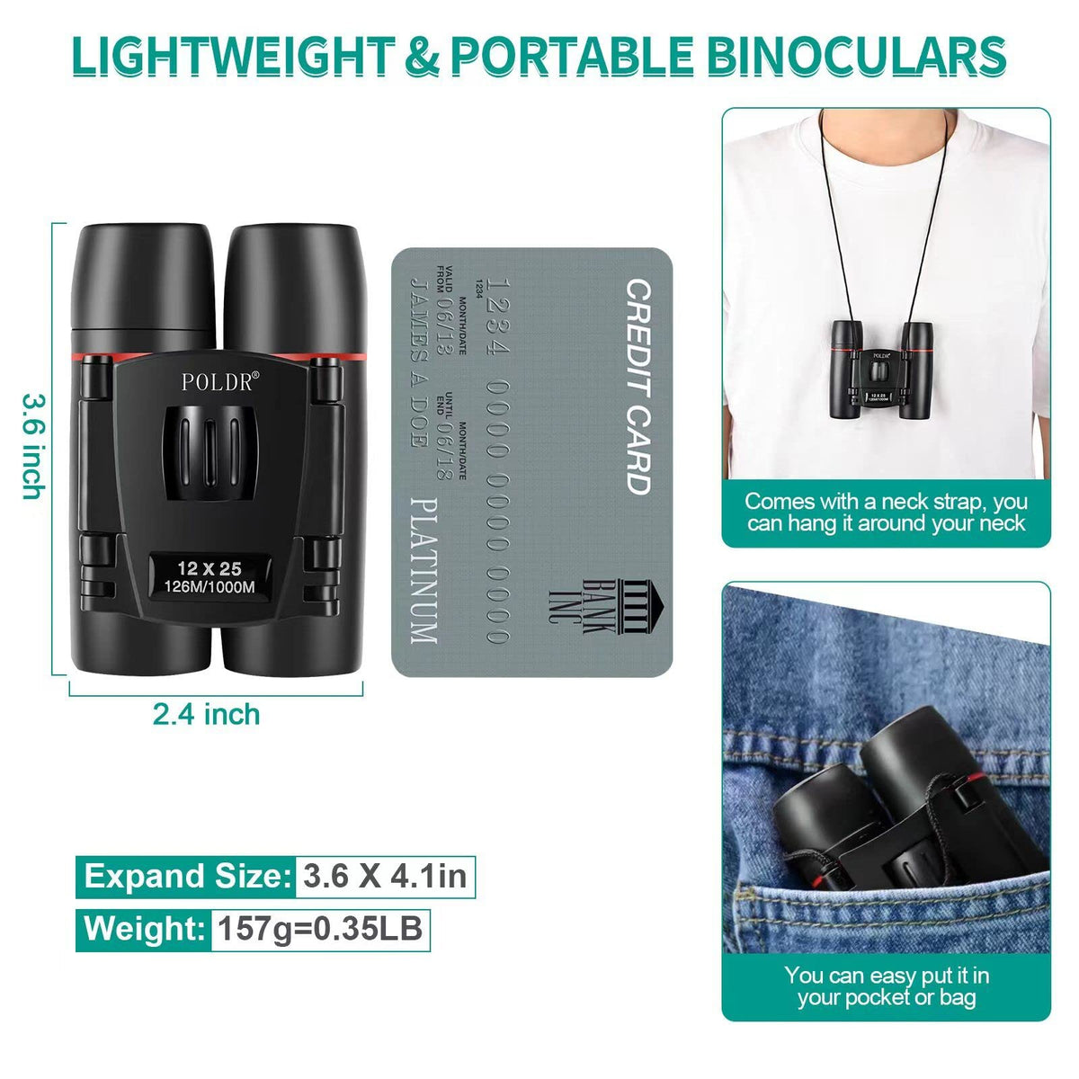 POLDR binoculars with neck strap and accessories