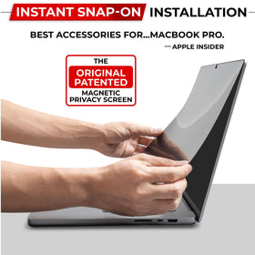 SightPro privacy screen attached to MacBook Air in a cafe