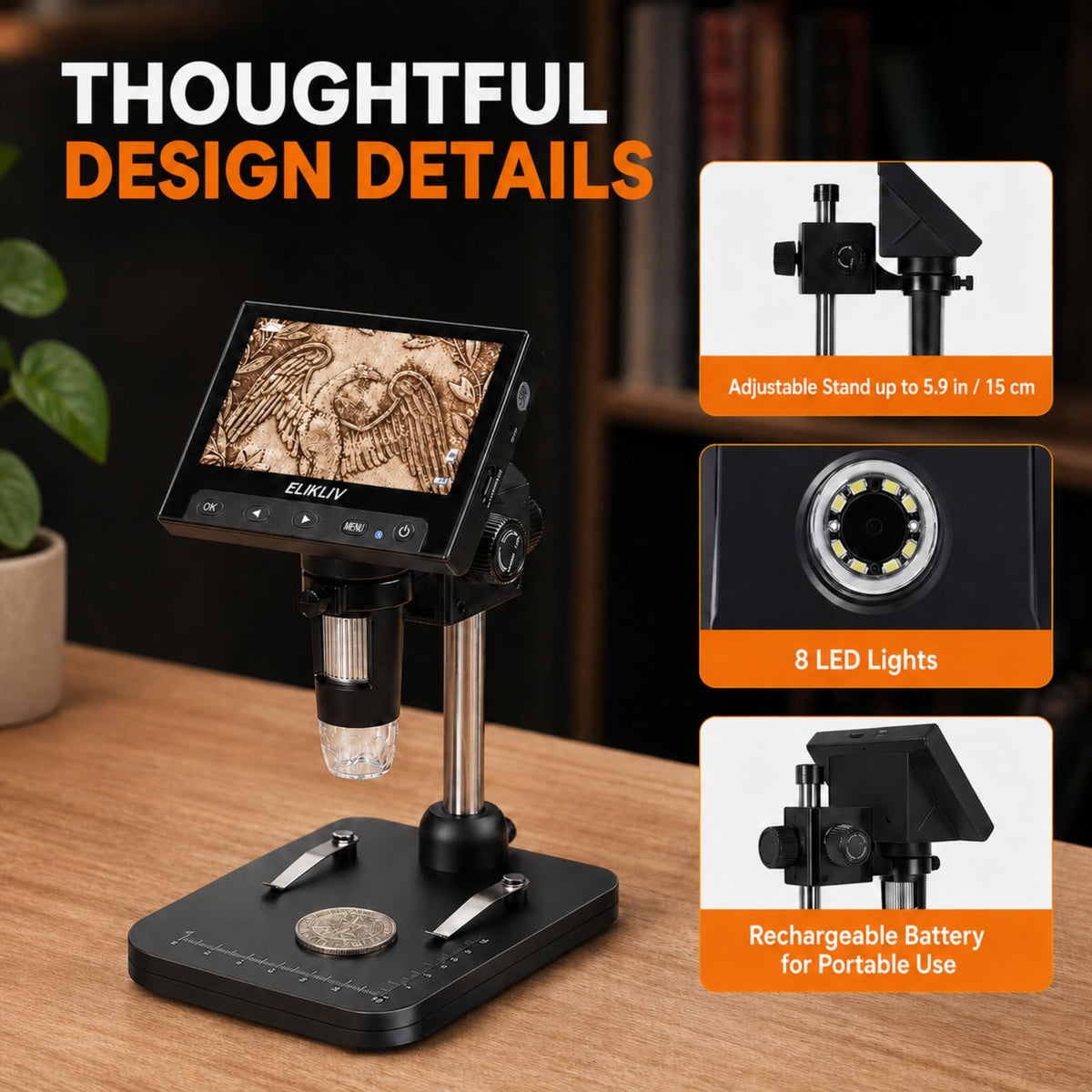 Portable Elikliv Coin Microscope with rechargeable battery
