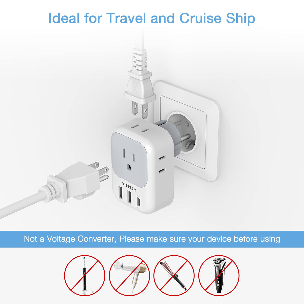 TESSAN power adapter with 4 outlets and 3 USB ports