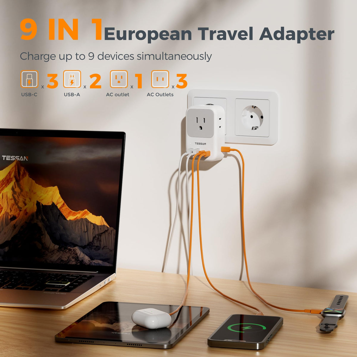 TESSAN adapter showcasing 4 AC outlets and USB ports
