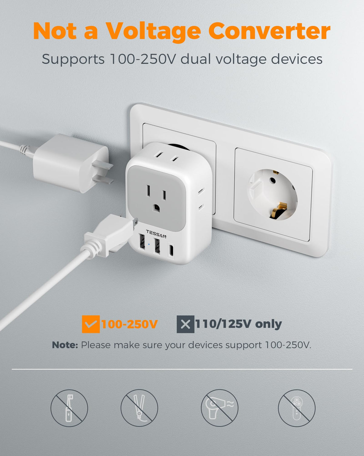 TESSAN travel adapter suitable for Italy and Spain
