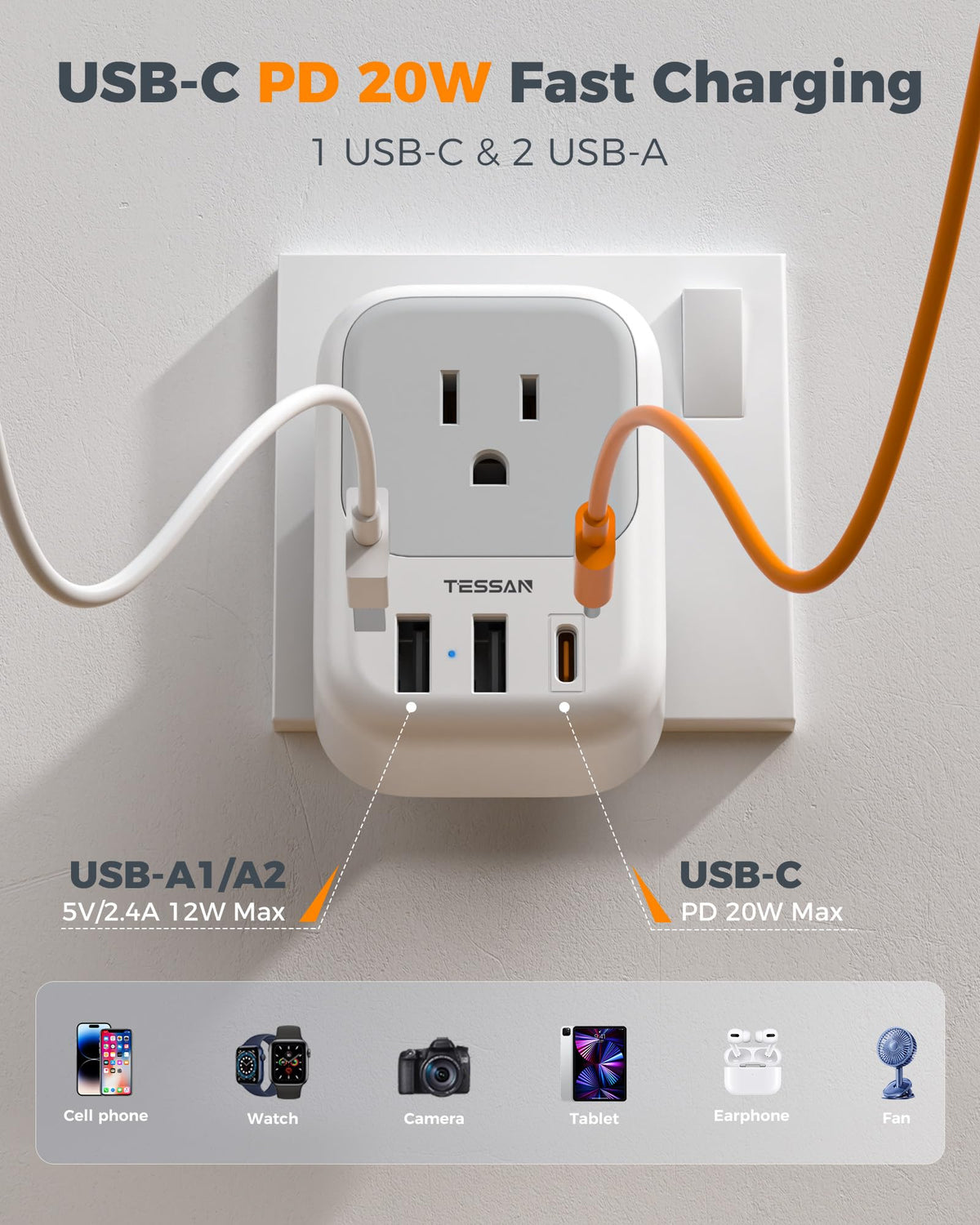 USB-C and USB-A ports on TESSAN Brazil adapter