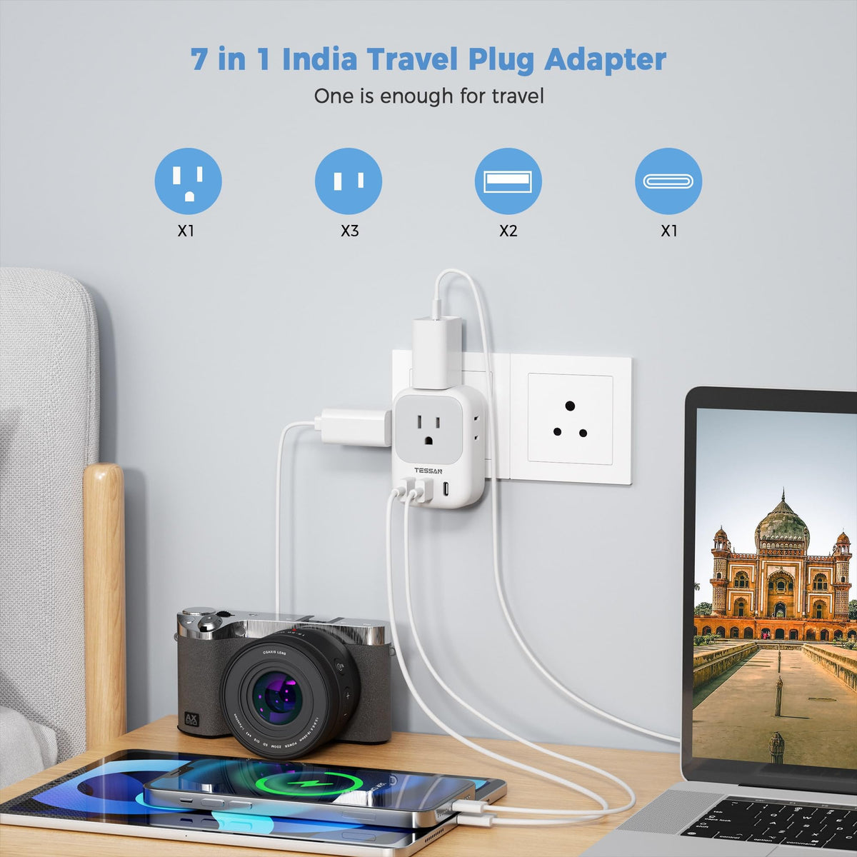 TESSAN travel adapter showing compact design for portability