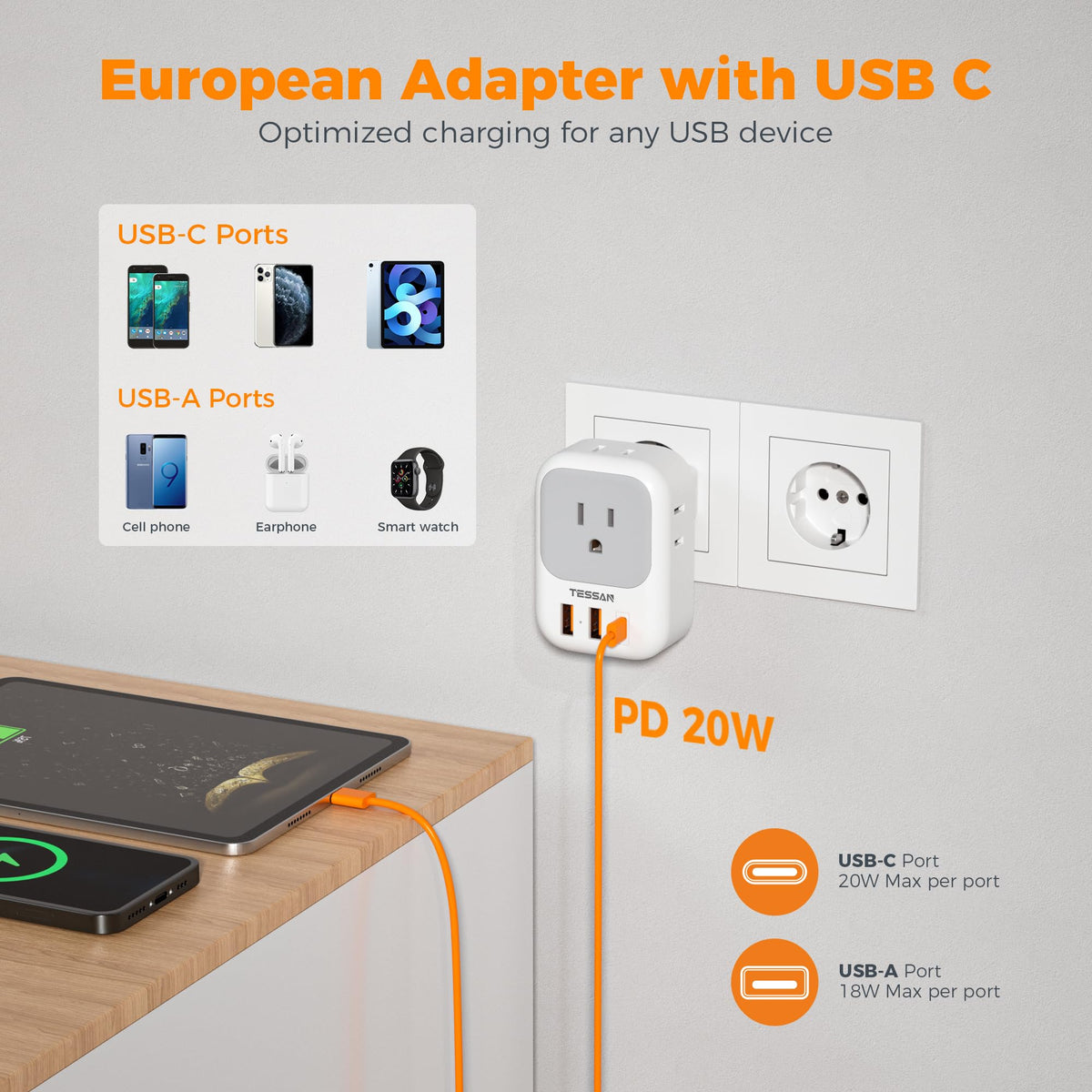TESSAN adapter plugged into a European wall socket