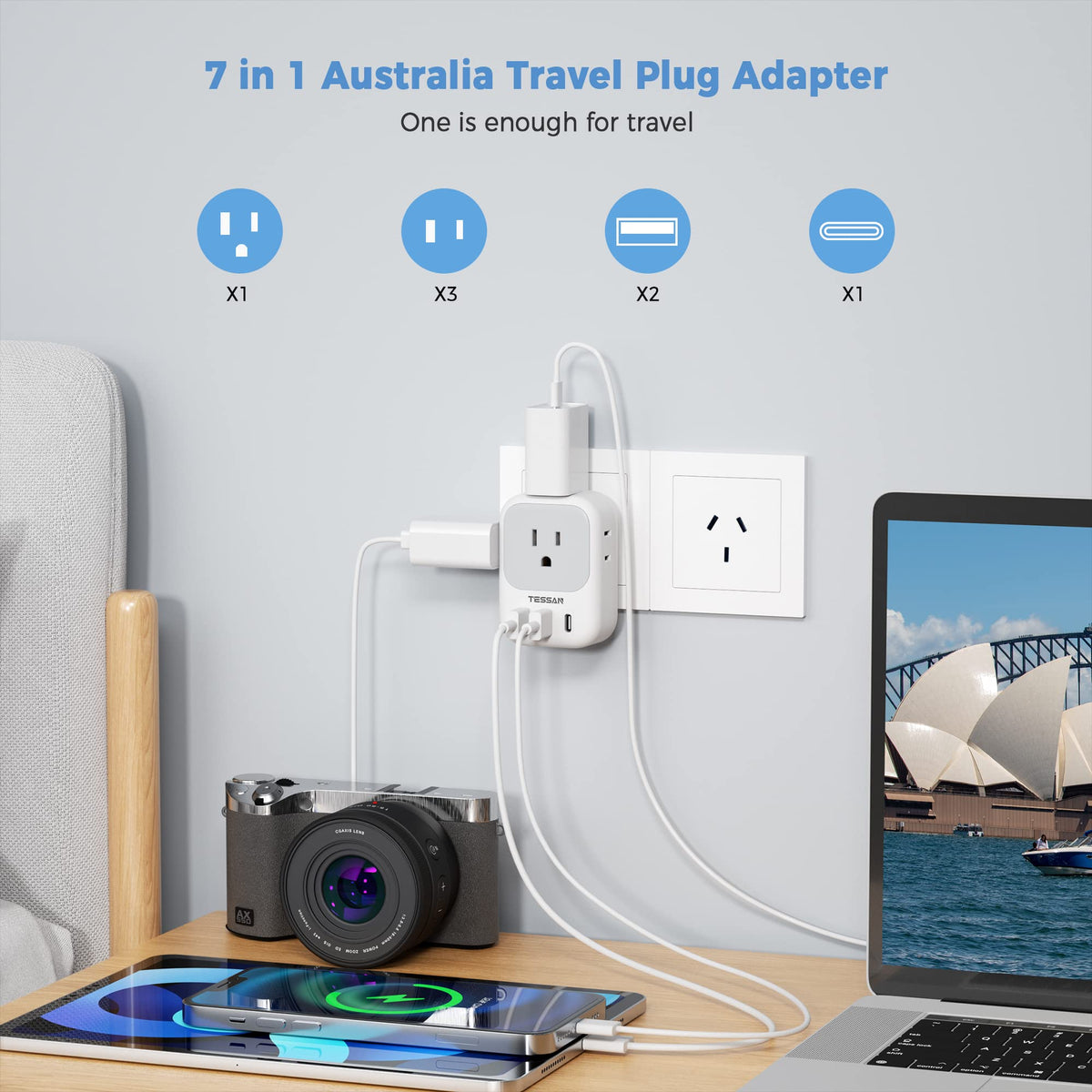 Close-up of TESSAN Australia adapter charging multiple devices