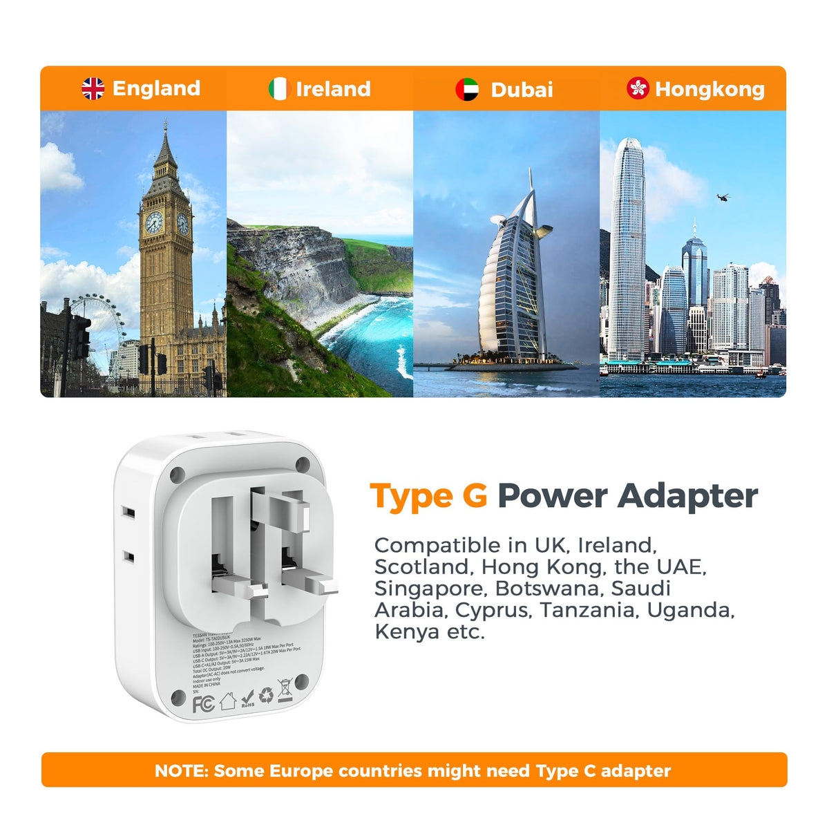 TESSAN adapter with USB C and A ports for fast charging