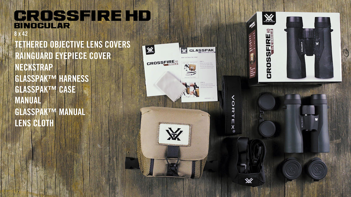 Vortex Crossfire HD binoculars with included GlassPak harness
