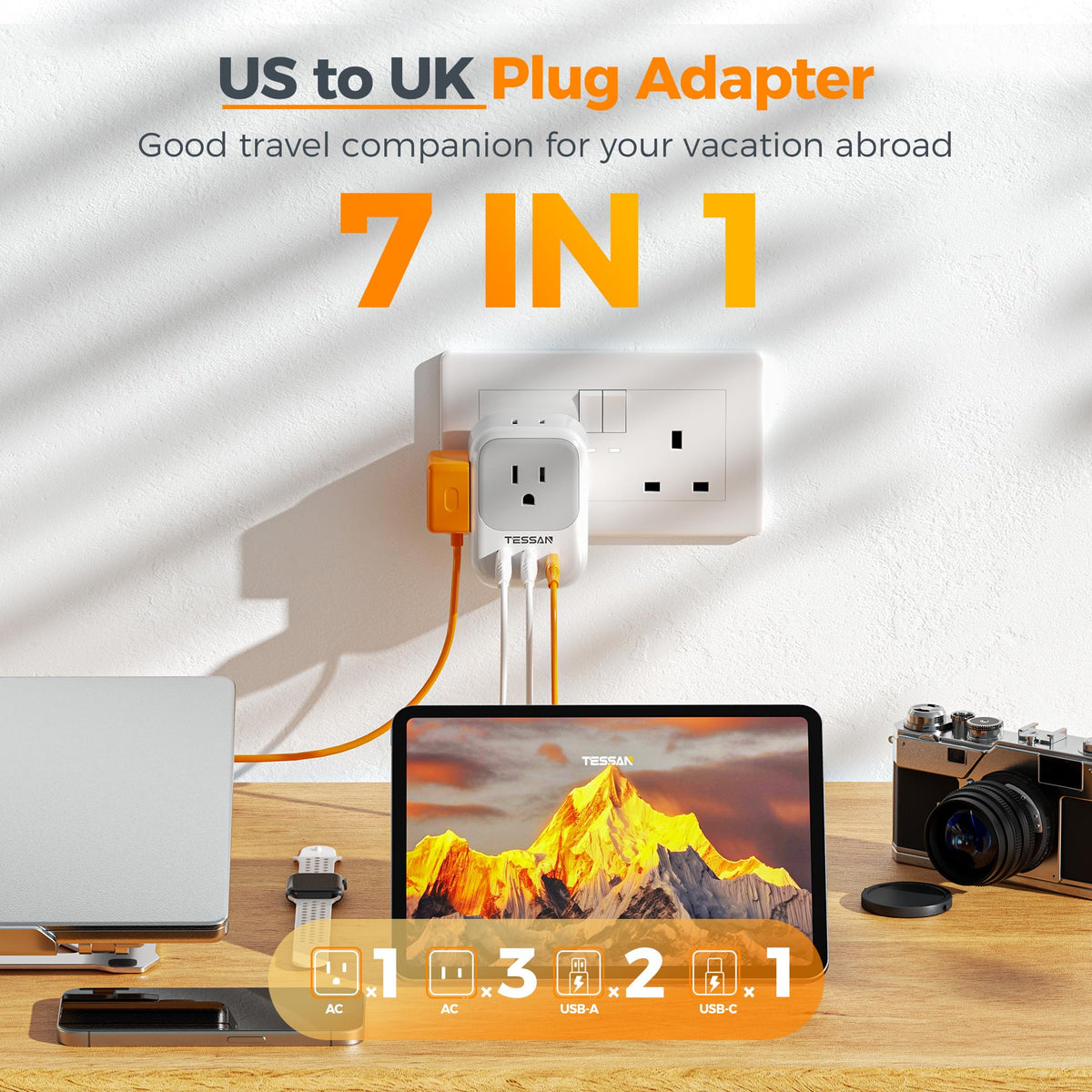 Travel-ready TESSAN UK plug adapter in a bag