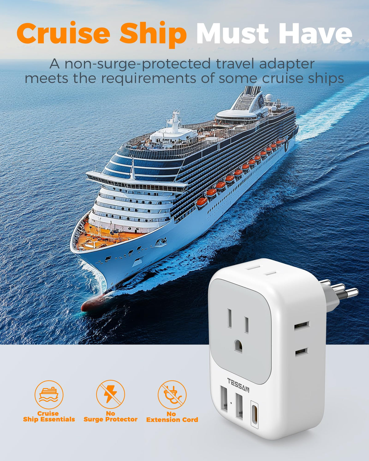 TESSAN Italy Travel Plug Adapter showcasing its four-sided design