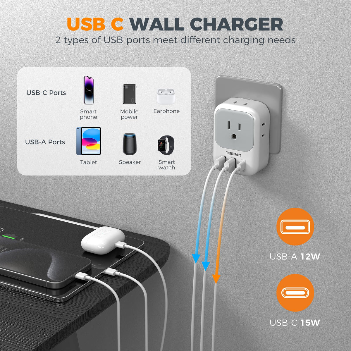 USB charging ports on TESSAN Switzerland Adapter