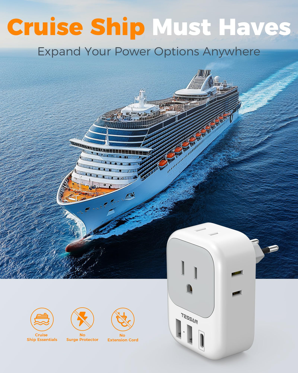 TESSAN power adapter with USB C and A ports